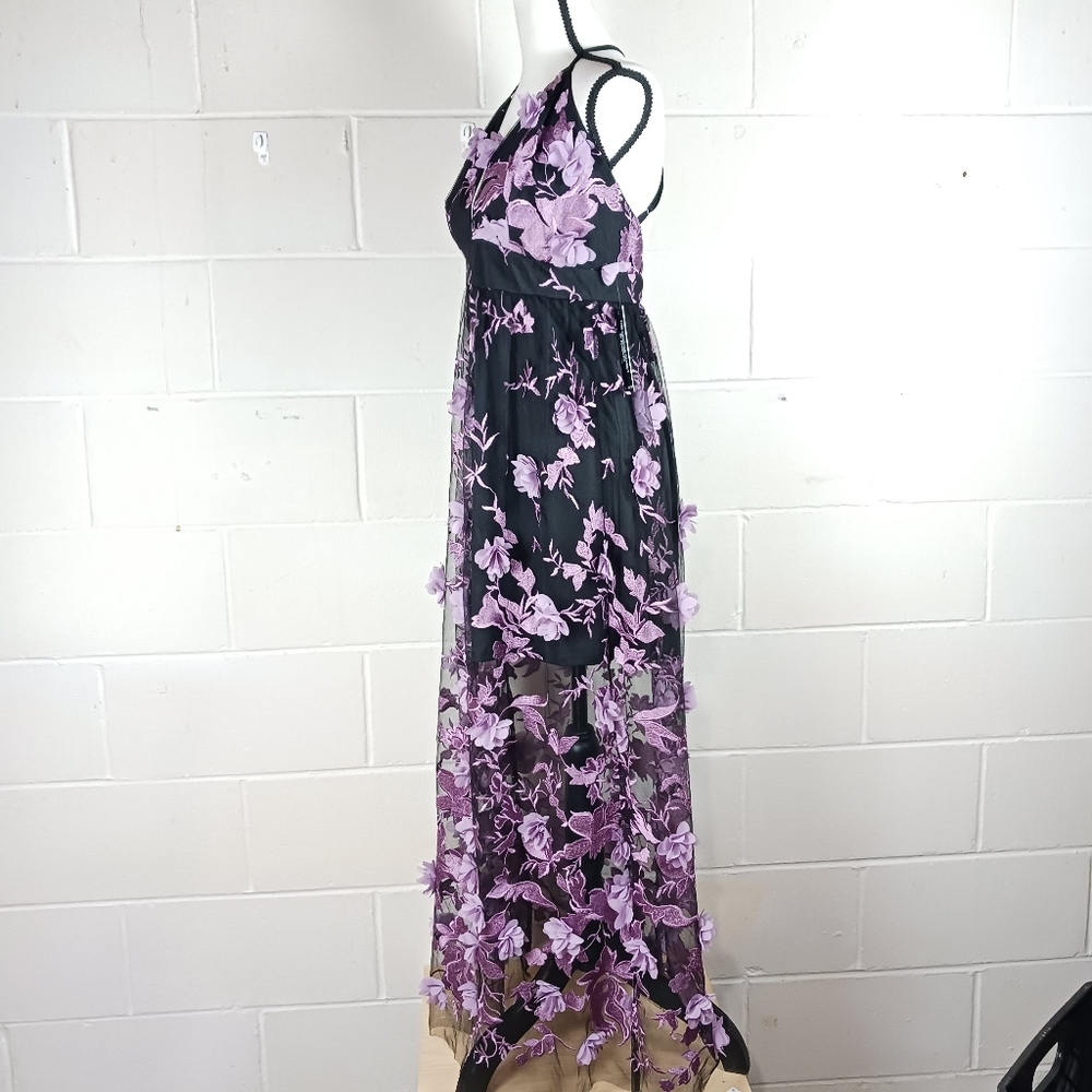 Venus Womens Lavender Black Floral 3-D Applique‎ Mesh Layered Maxi Dress Size 8 - Picture 3 of 11